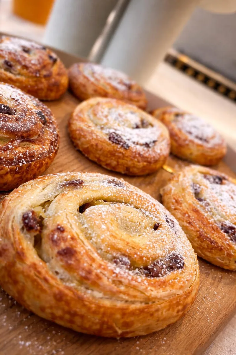 Verse koffiekoeken met poedersuiker bij het ontbijt